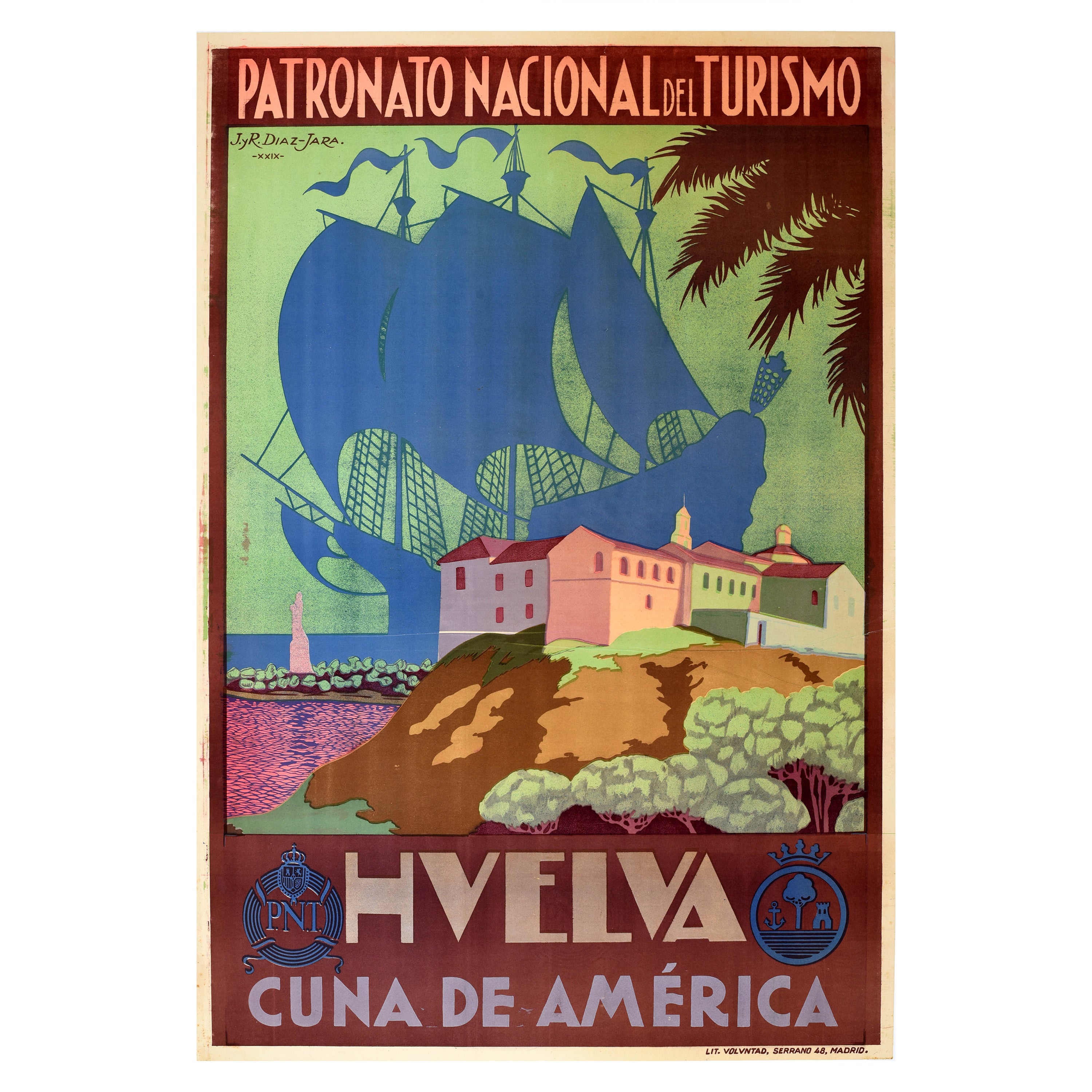 Original Vintage Travel Poster Huelva Spain Andalusia PNT Cuna De America Design For Sale