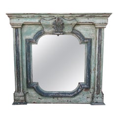 French Hand-Painted Wooden Wall Mirror in Blue and Green Tones