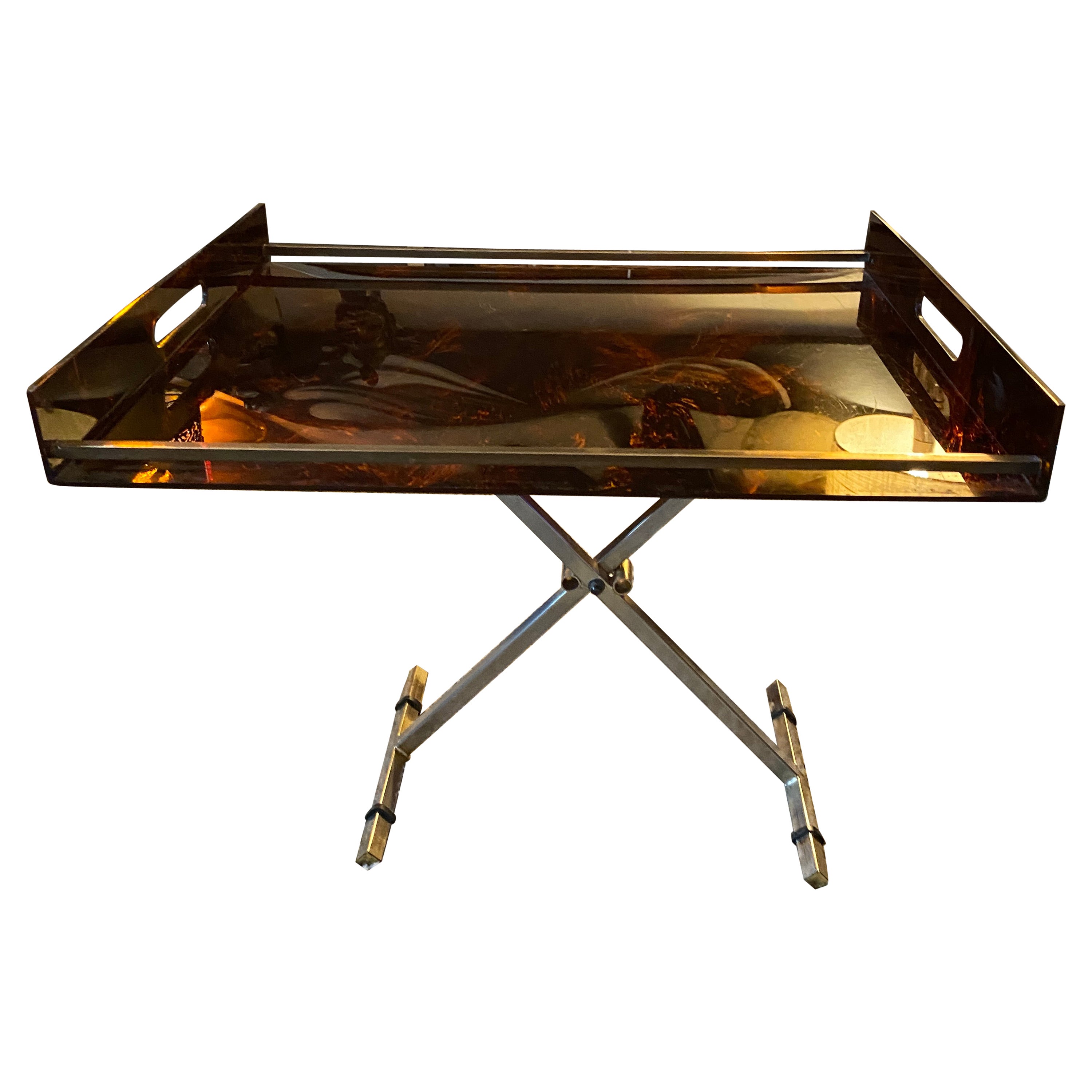 Maison Mercier Paris folding table in tortoise shell lucite and brass, 1970 For Sale