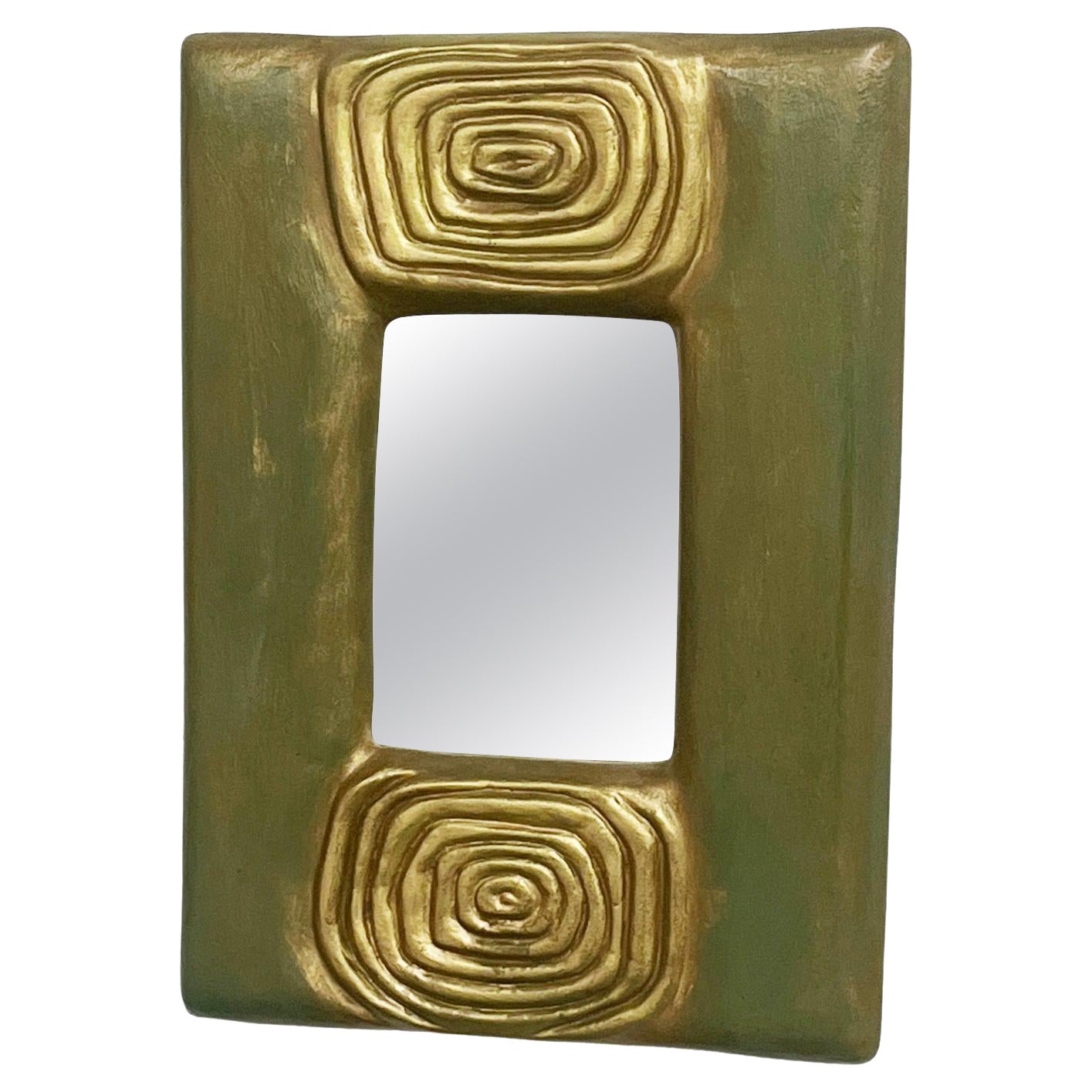 Green and Gold Ceramic Mirror by Alice Colonieu, Mid-20th century For Sale