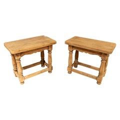 Spanish Pair of Natural Wooden Benches with Turned Legs