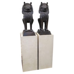 Bronze Temple Lion Foo Dogs on Marble Pedestals, Pair