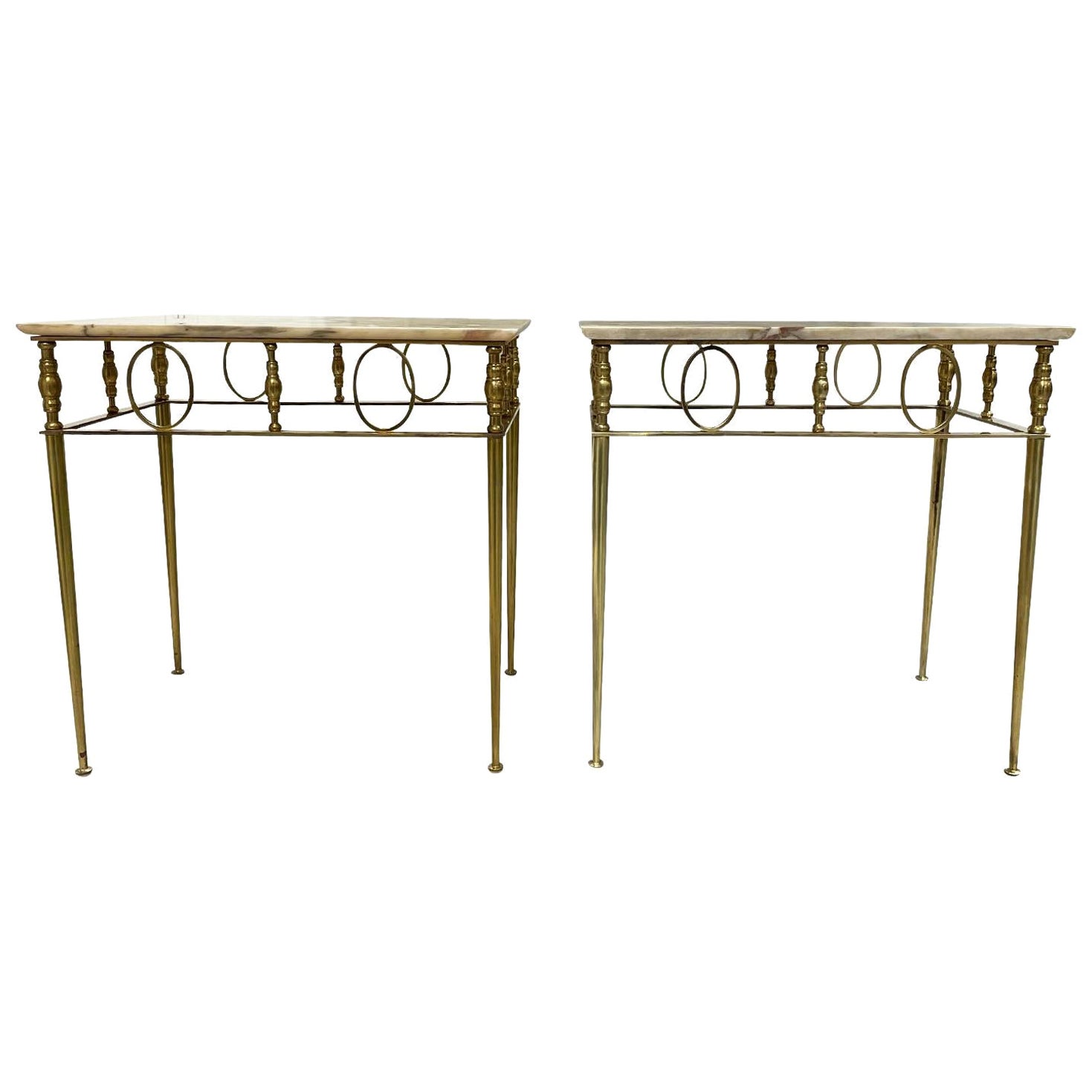20th Century French Art Deco Pair of Vintage Marble, Brass Side Tables