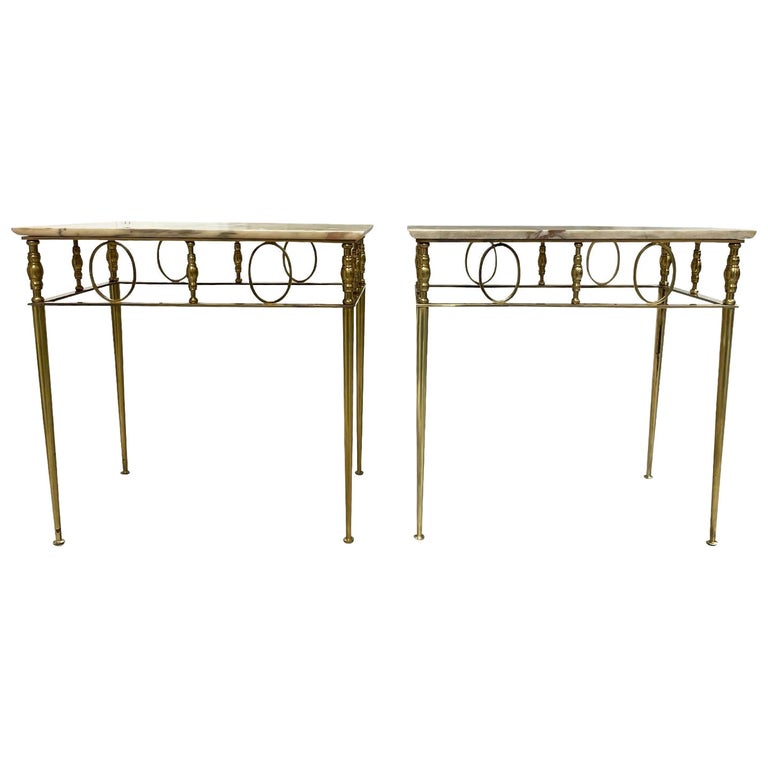 20th Century Gold French Art Deco Pair of Vintage Marble, Brass Side Tables For Sale