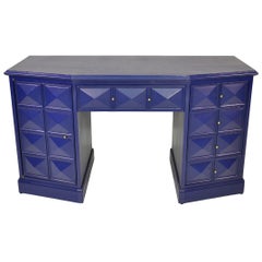 Blue Lacquer and Brass Diamond Front Desk
