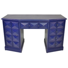 Blue Lacquer and Brass Diamond Front Desk