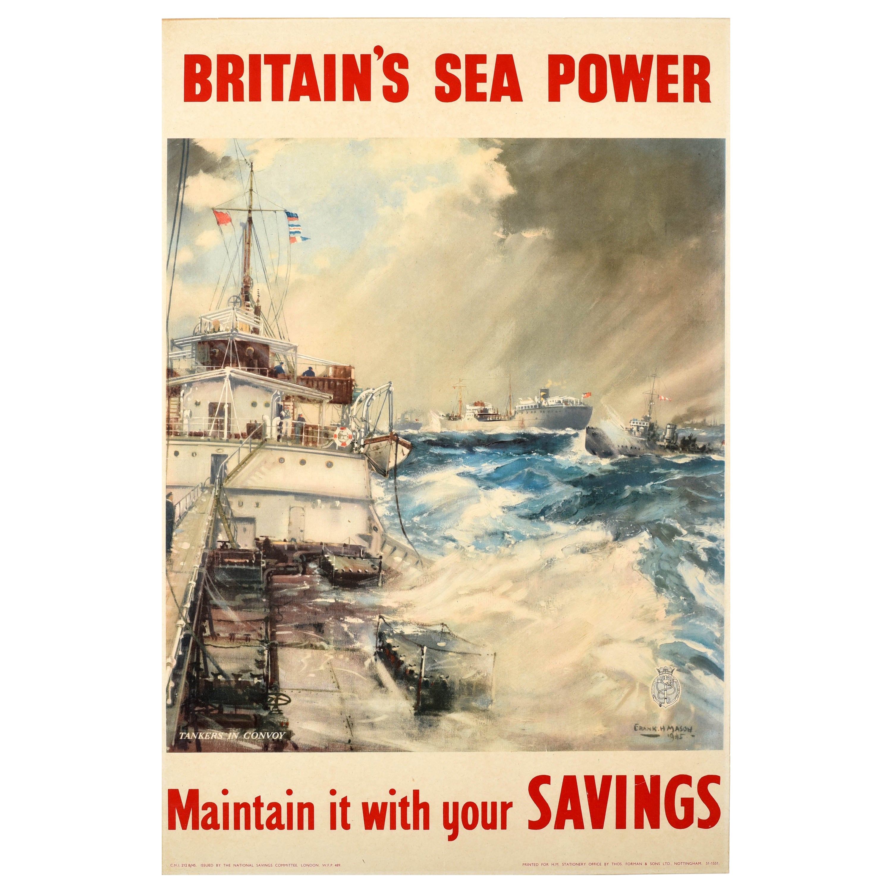 Original Vintage World War Two Poster Britain's Sea Power Maintain Savings WWII For Sale