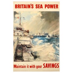 Original Used World War Two Poster Britain's Sea Power Maintain Savings WWII
