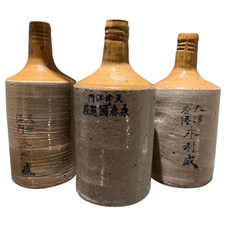 Set of 3 Chinese Rice Wine Bottles, Glazed Ceramic, China, Ca. 1900 For