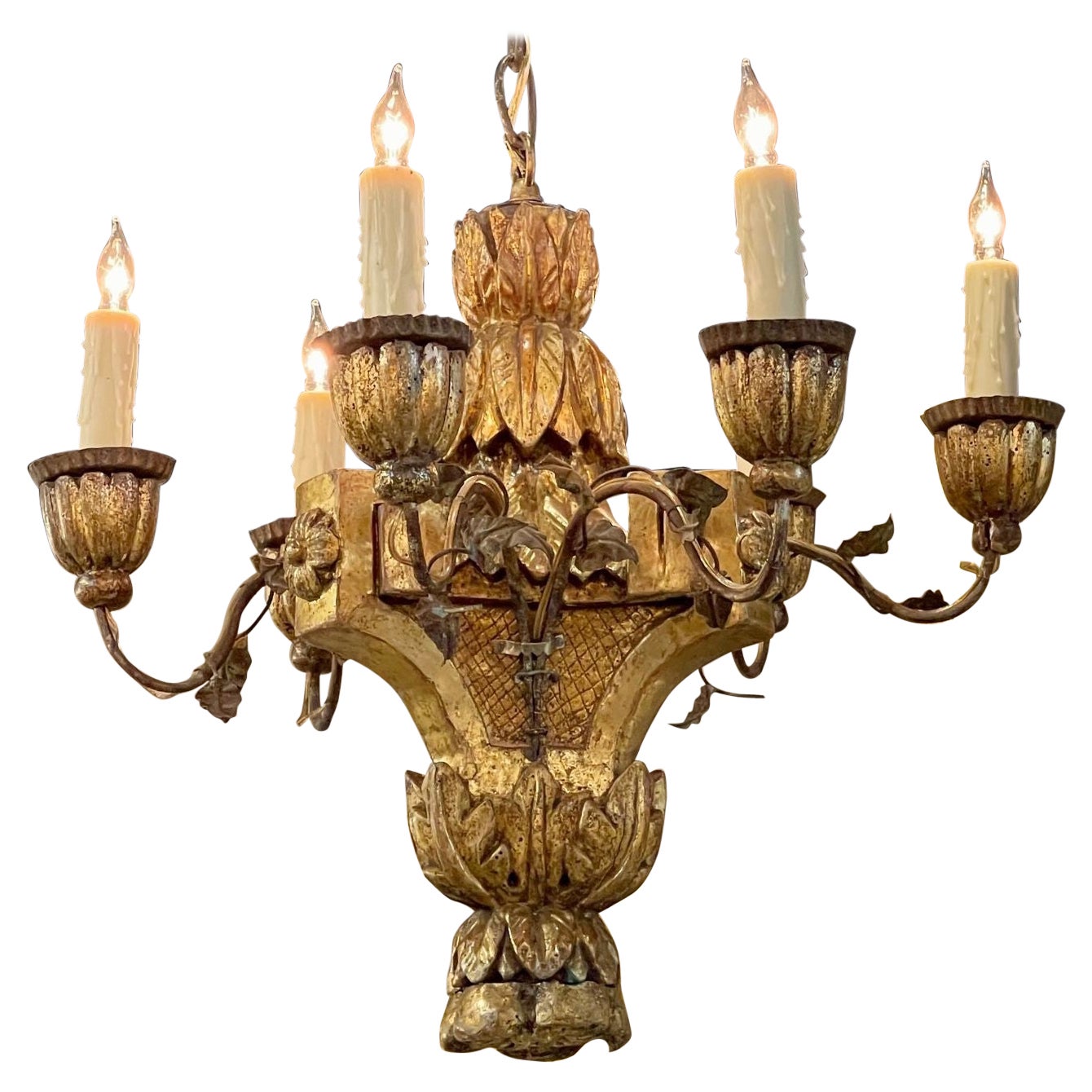 Italian Carved Giltwood Chandelier For Sale