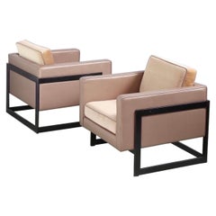 Milo Baughman for Thayer Coggin Camel, Leather & Mixed Mohair Lounge Chairs, Pr