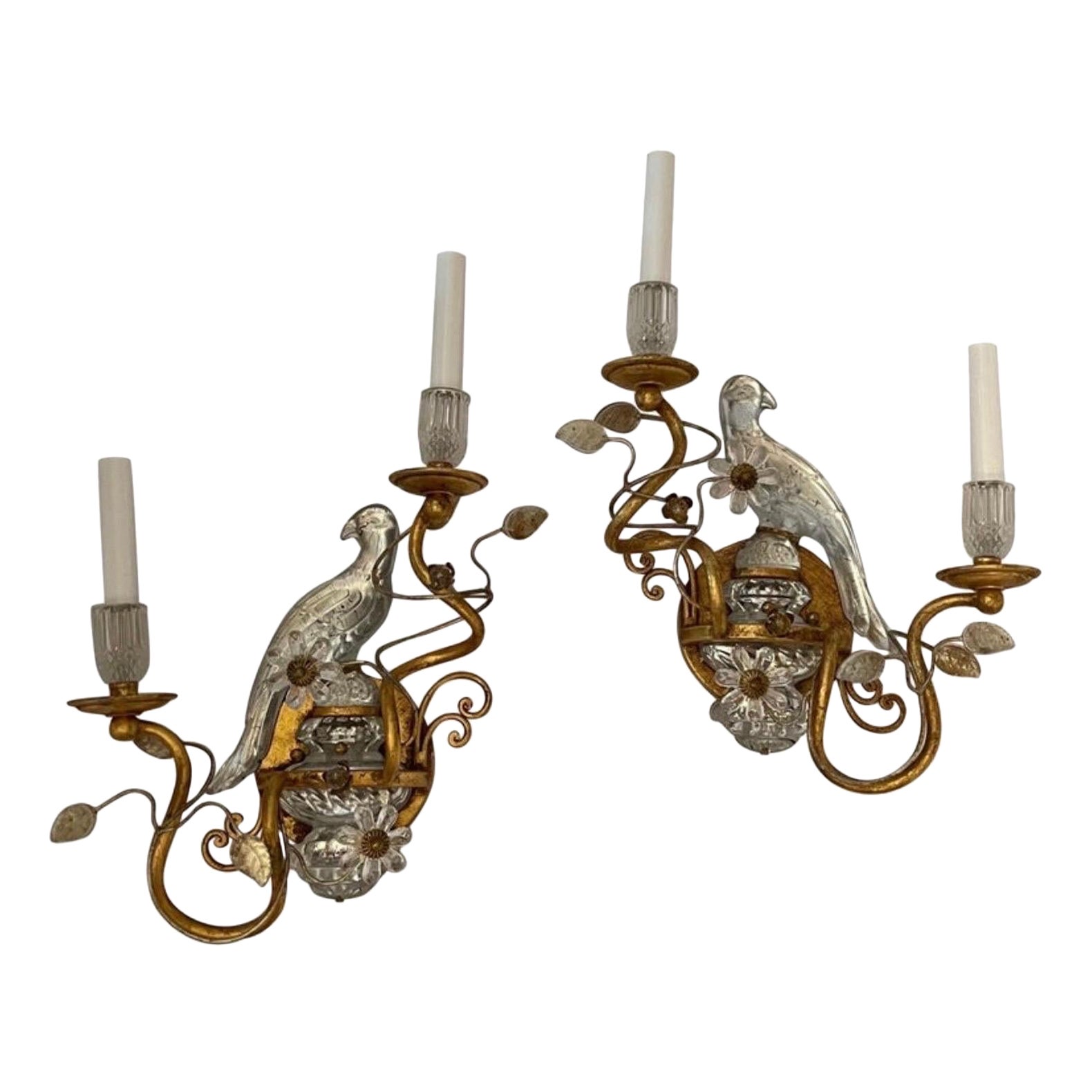 Bagues Sherle Wagner Pair Faux Rock Crystal Glass Bird Urn Gold Gilt Sconces