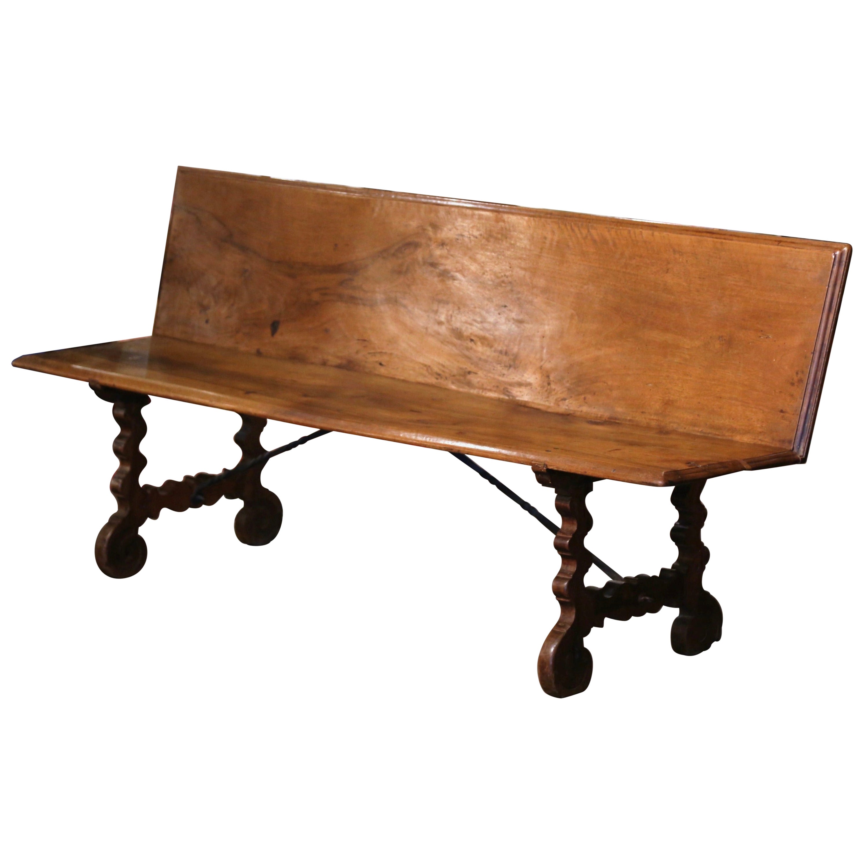 19th Century Spanish Baroque Carved Walnut Bench with Wrought Iron Stretcher