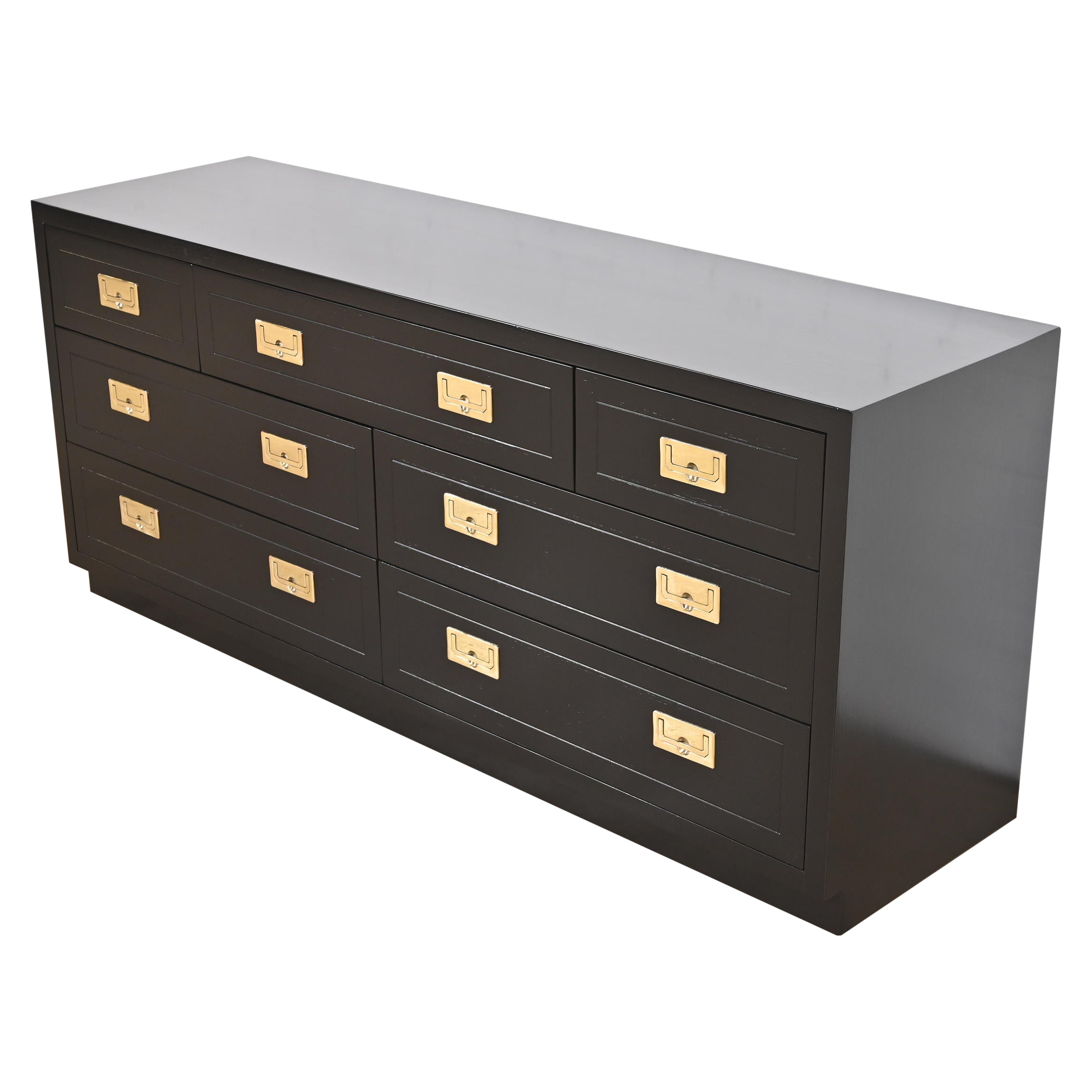 Henredon Hollywood Regency Black Lacquered Campaign Dresser, Newly Refinished For Sale