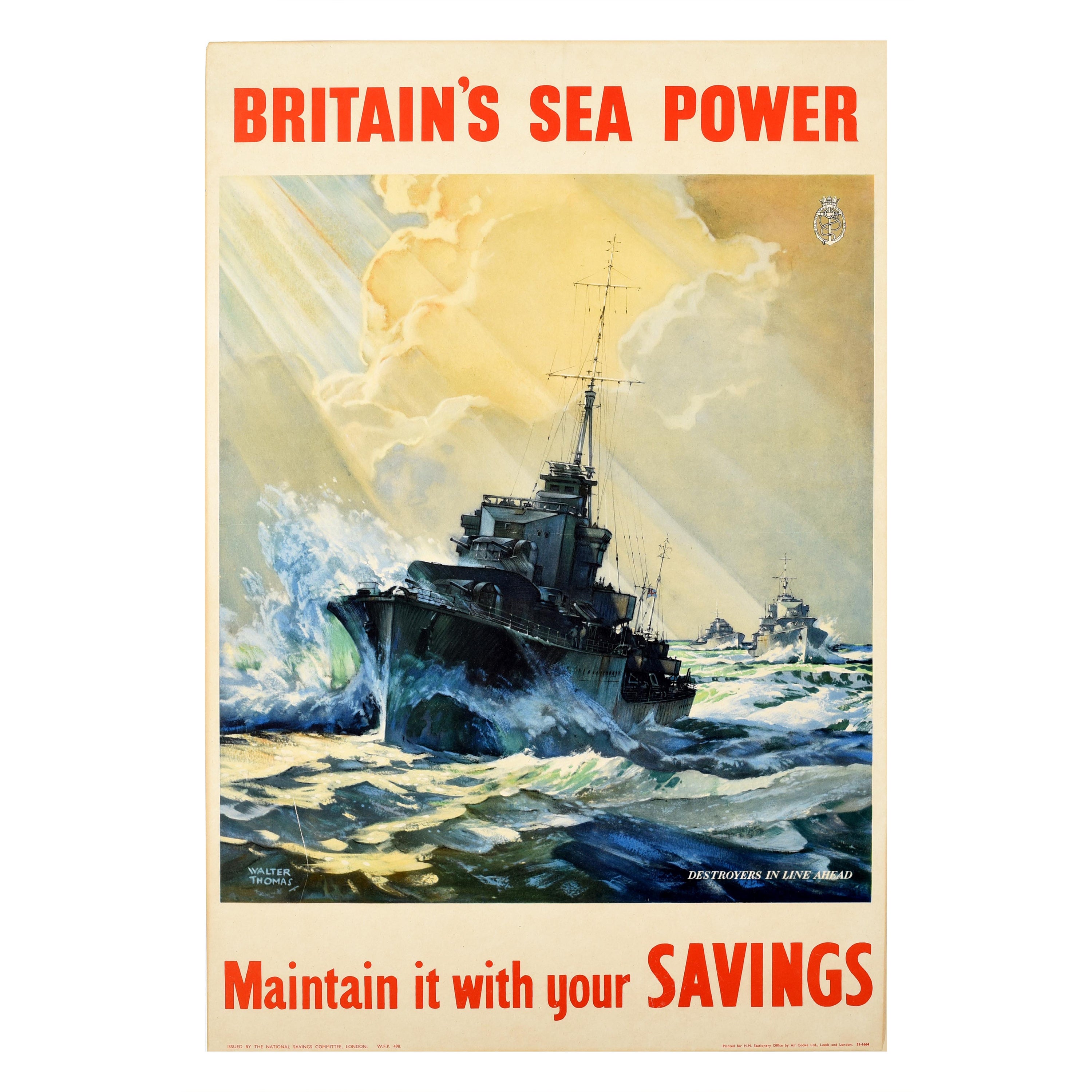 Original Vintage World War Two Poster Britain's Sea Power Savings Navy Ship WWII For Sale