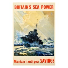 Affiche vintage d'origine de la Seconde Guerre mondiale - Britain's Sea Power Savings - Navy Ship WWII