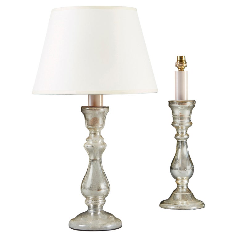 A Pair of Mercury Glass Candlesticks as Lamps For Sale at 1stDibs
