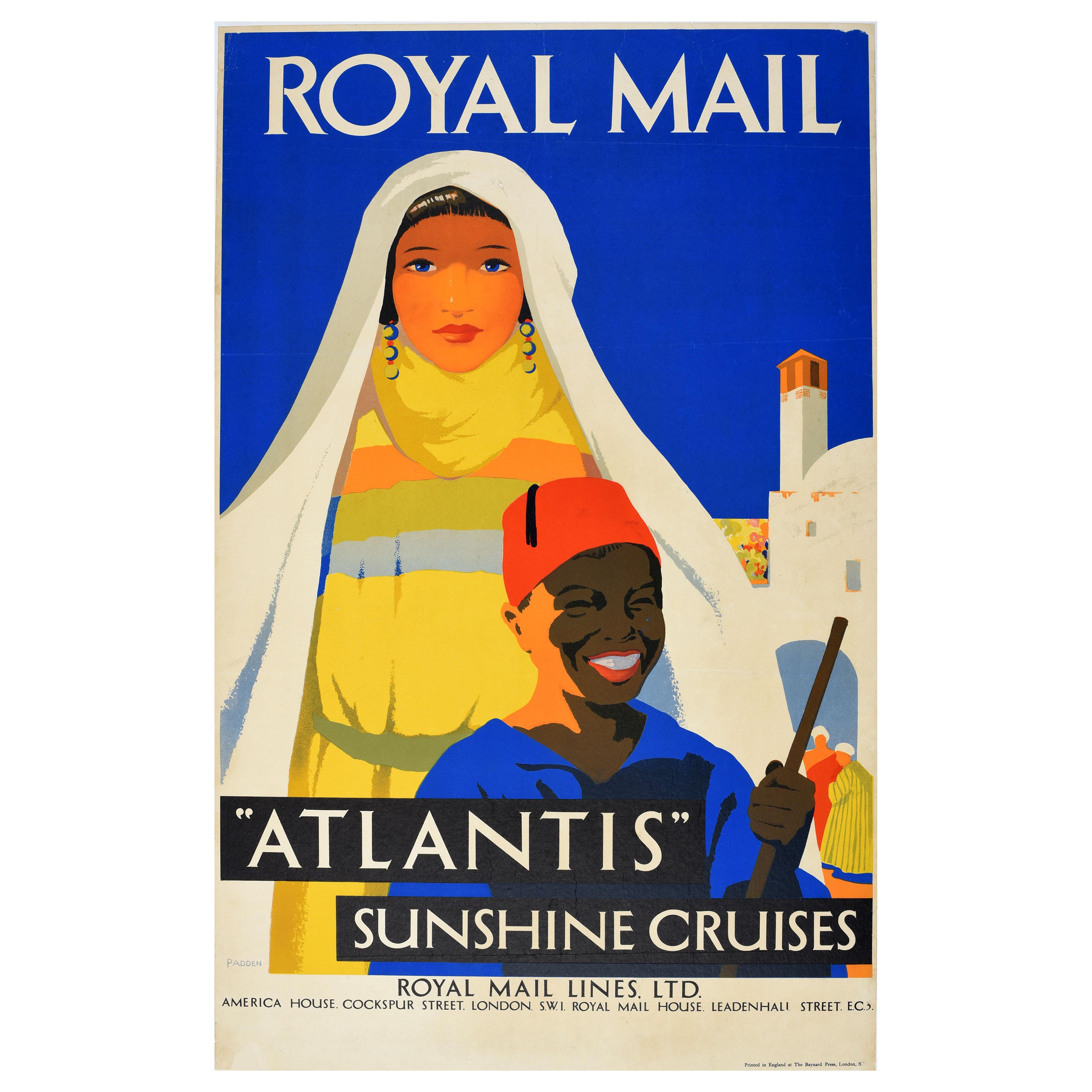 Affiche de voyage vintage originale Sunshine Cruises Atlantis Royal Mail, bateau à vapeur