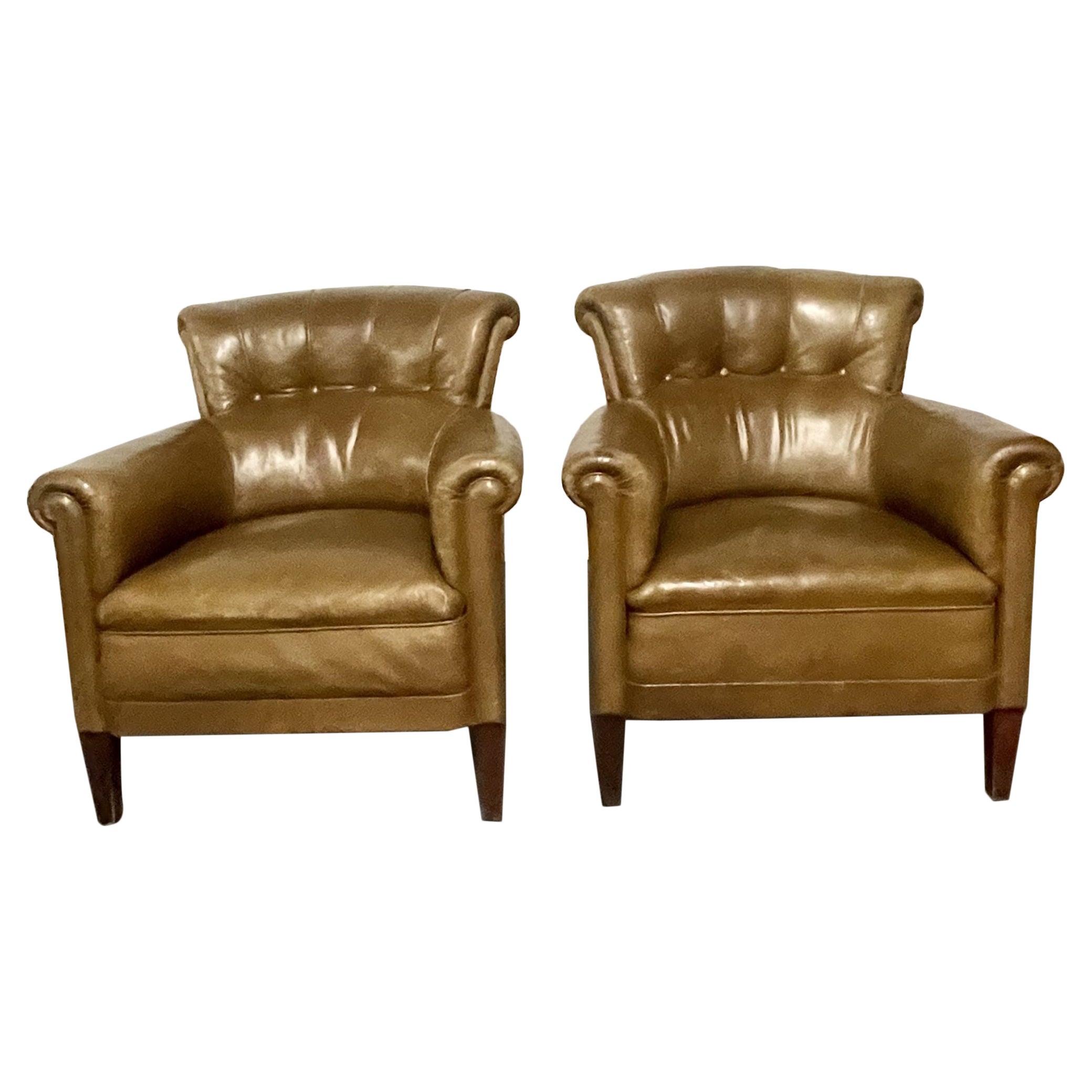 Pair of Leather Lounge Cigar Chairs, Mid 20th Century, Tuffted For Sale