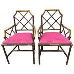 Pair of 1970s Brass Chinoiserie Faux Bamboo Armchairs