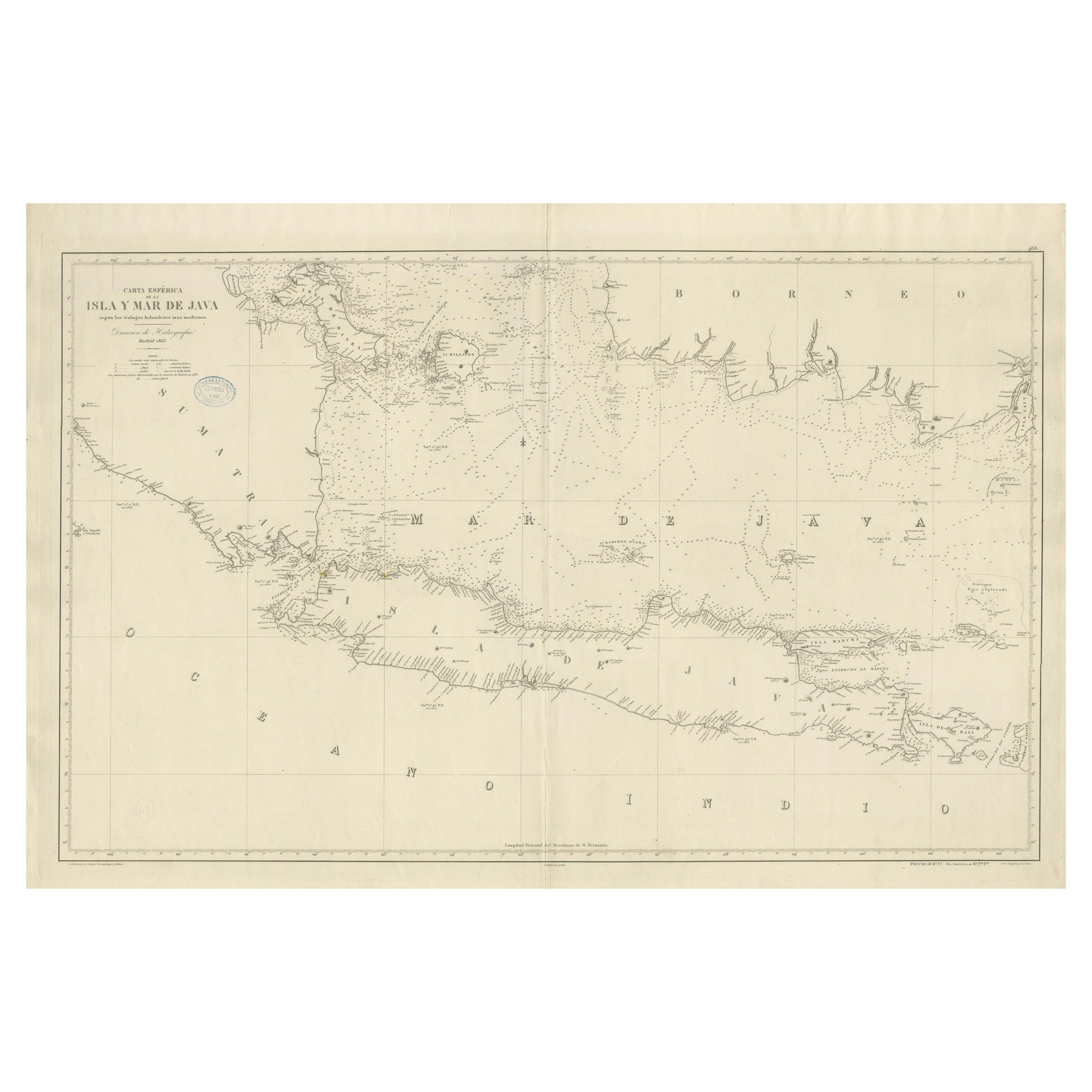 Large Chart of the island and sea of Java, Indonesia For Sale