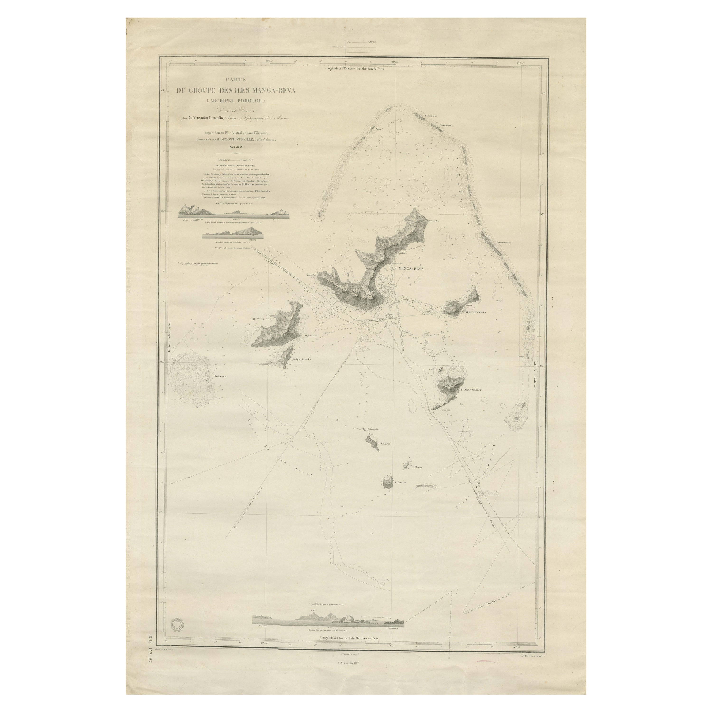 Large Chart of the Gambier Islands, Tuamotu Archipelago, French Polynesia For Sale