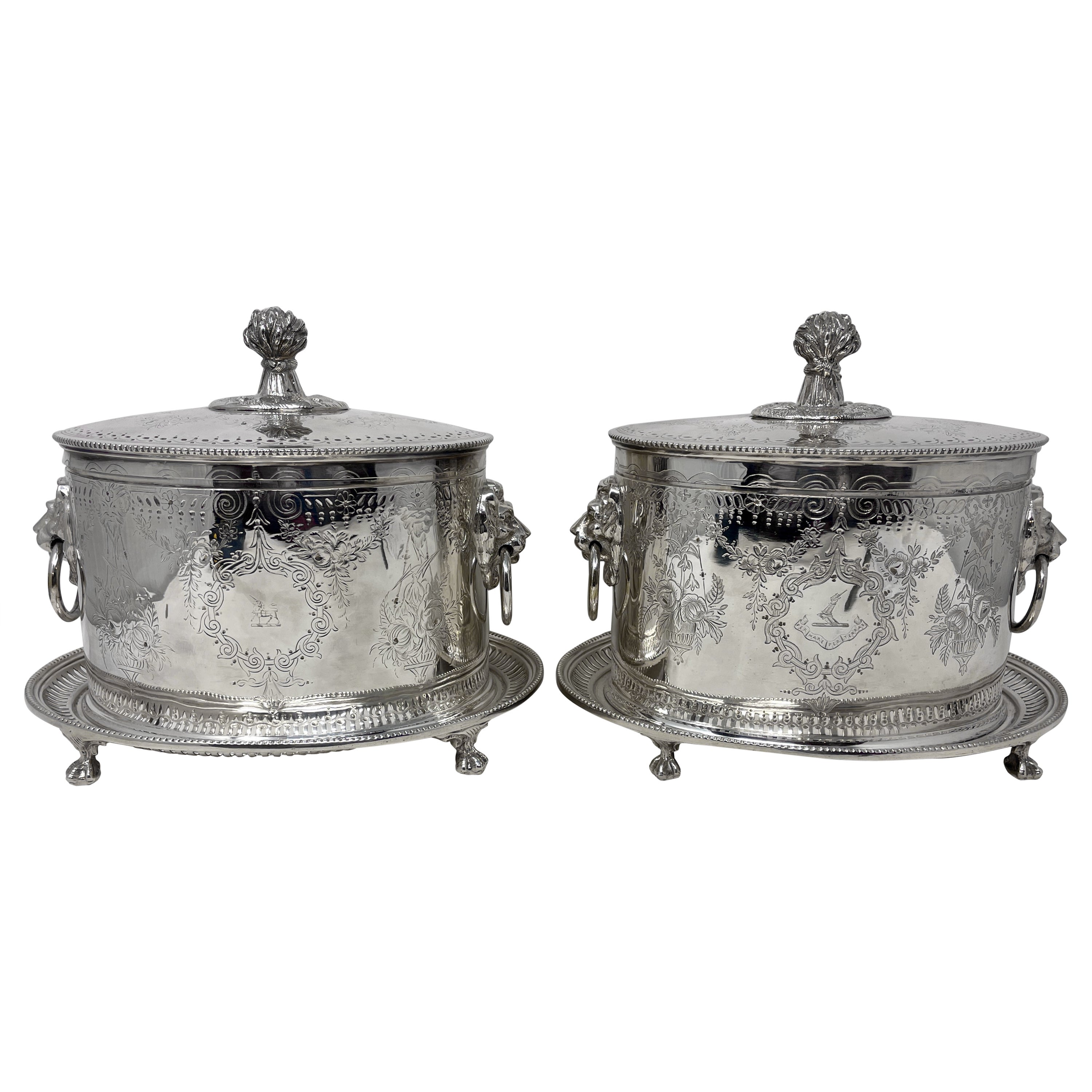 Pair Antique English Sheffield Silver-Plate Biscuit Boxes, Circa 1890's For Sale