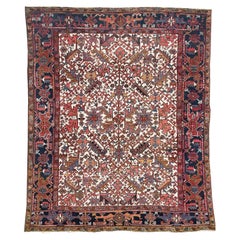Uniquely-Sized All-Over Vintage Heriz Rug in Eggshell Blooming Jungle Design