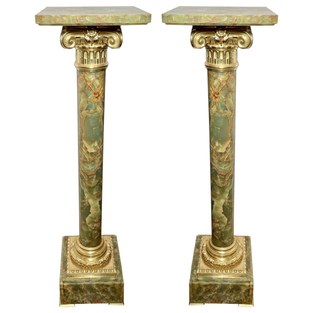 Pair Antique French Green Onyx Marble & Bronze D' Ore Pedestals, Circa 1890