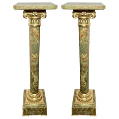 Pair Antique French Green Onyx Marble & Bronze D' Ore Pedestals, Circa 1890