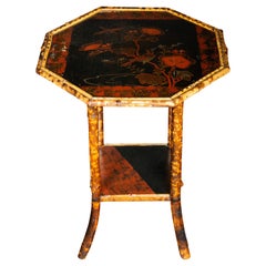 Antique Black and Red Lacquered Bamboo Side Table with Painted Top