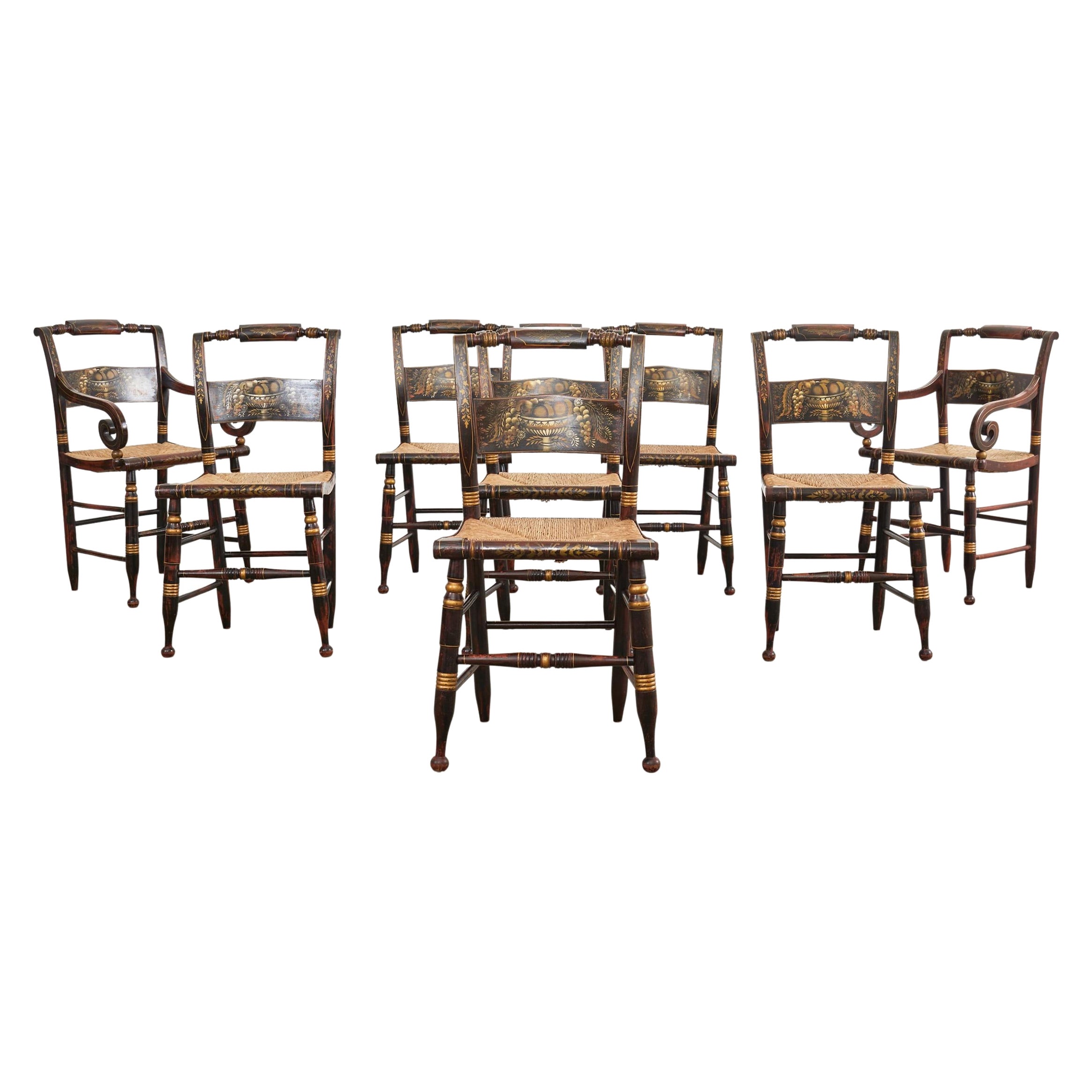 Set of Eight Hitchcock Style Stenciled Rush Seat Dining Chairs