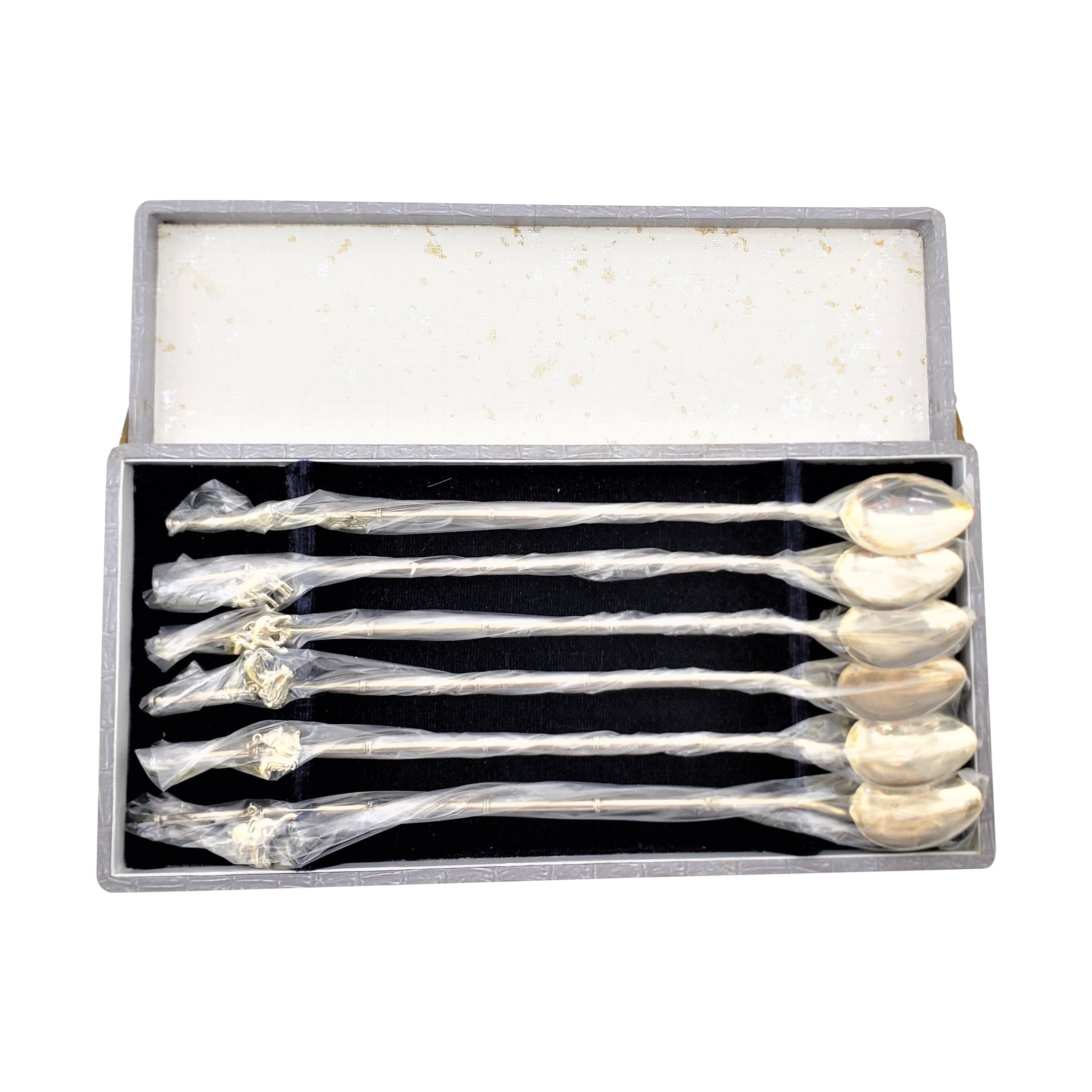 Mid-Century Sterling & .900 Silver Sipping Straw Cocktail Spoon Set with Animals For Sale