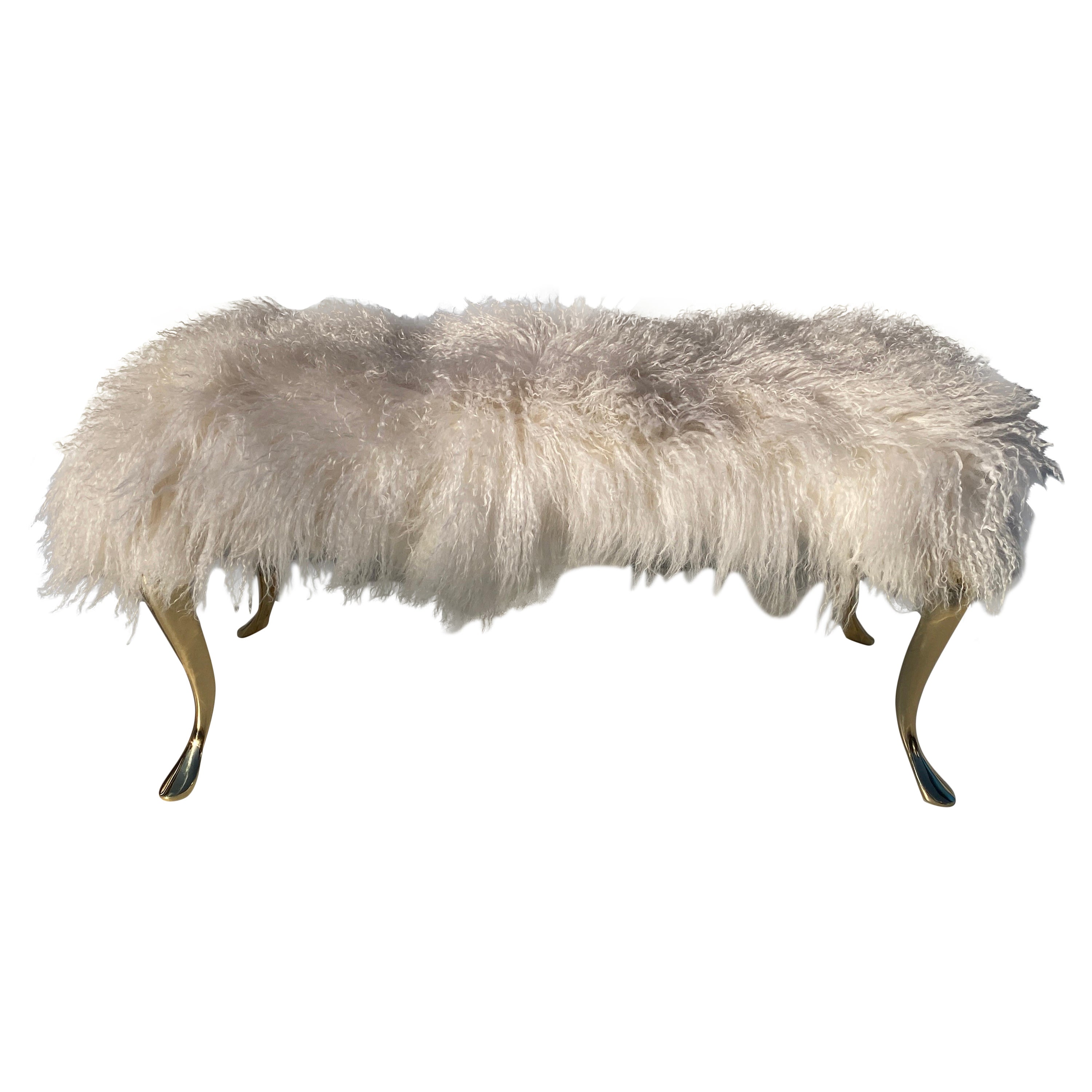 White Tibetan Fur Bench with Brass Legs