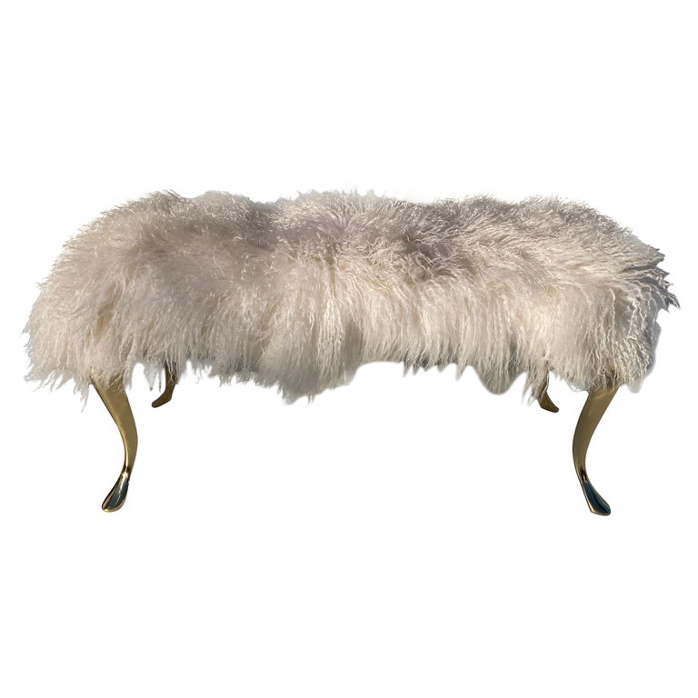 White Tibetan Fur Bench with Brass Legs For Sale at 1stDibs