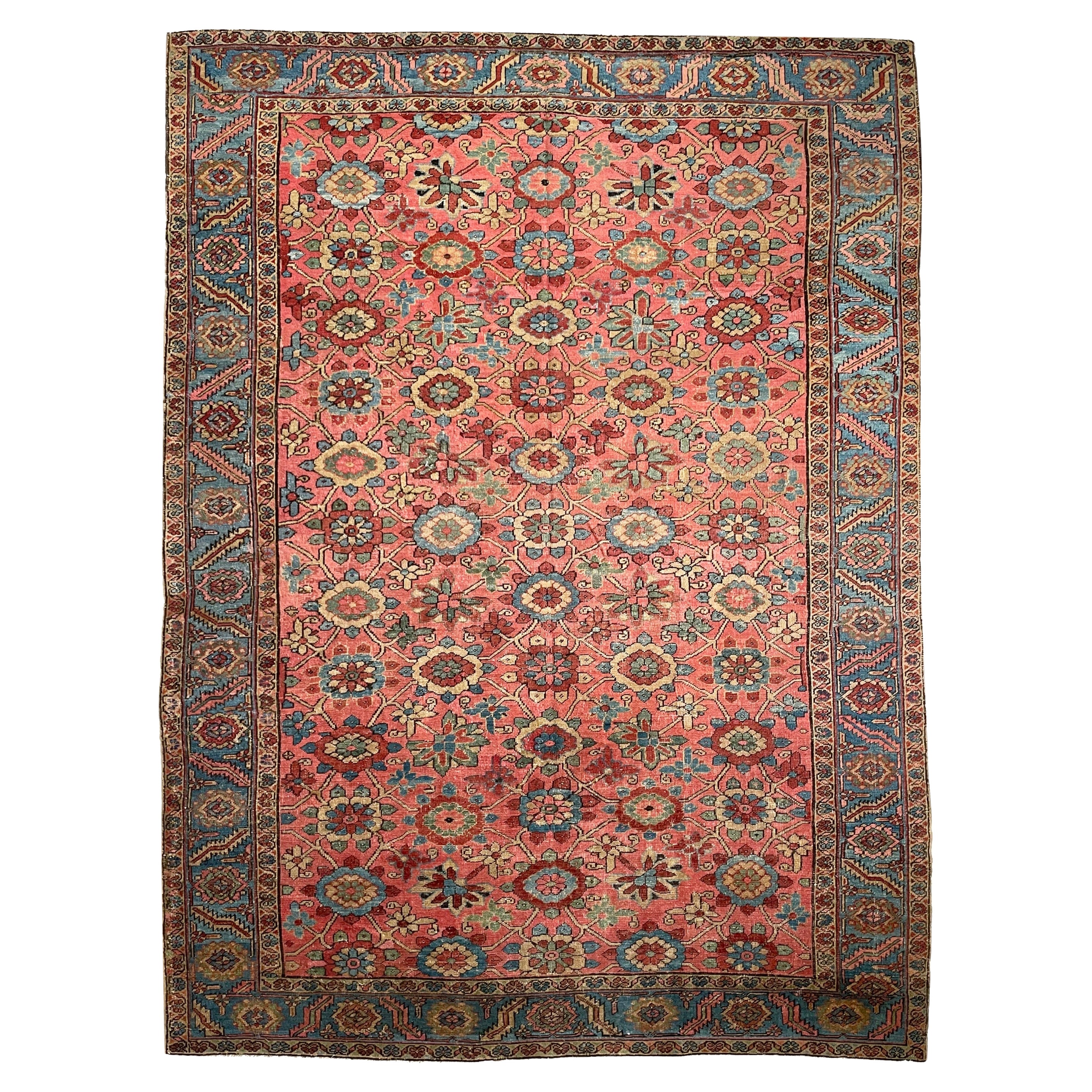 Magnífica alfombra persa antigua Heriz con un raro diseño Mina-Khani, alrededor de 1920