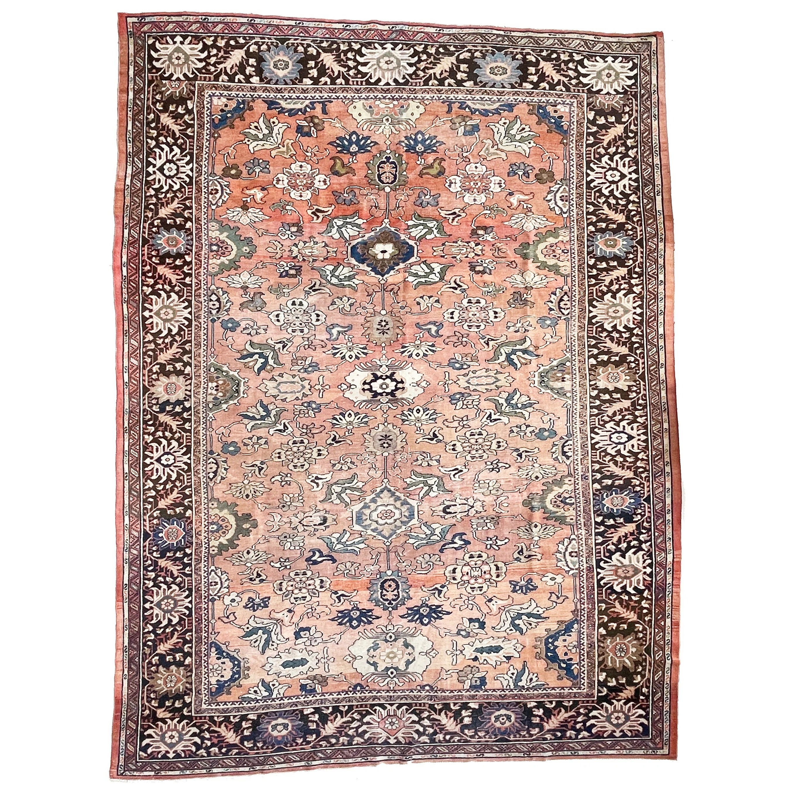 Romantischer antiker Mahal-Teppich mit naiver botanischer Zeichnung und gedämpftem Apricot im Angebot