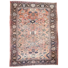 Romantic Antique Mahal Rug with Naive Botanical Drawing with Muted Apricot
