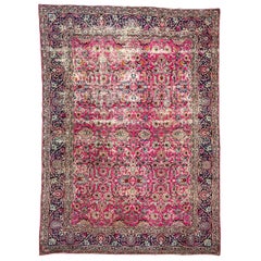 Antique Botanical Beauty Rug with Magenta, Green, Ice Blue Color, circa 1930's