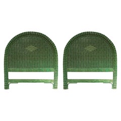 Retro Spanish Pair of Handmade Wicker Headboards Painted in Green