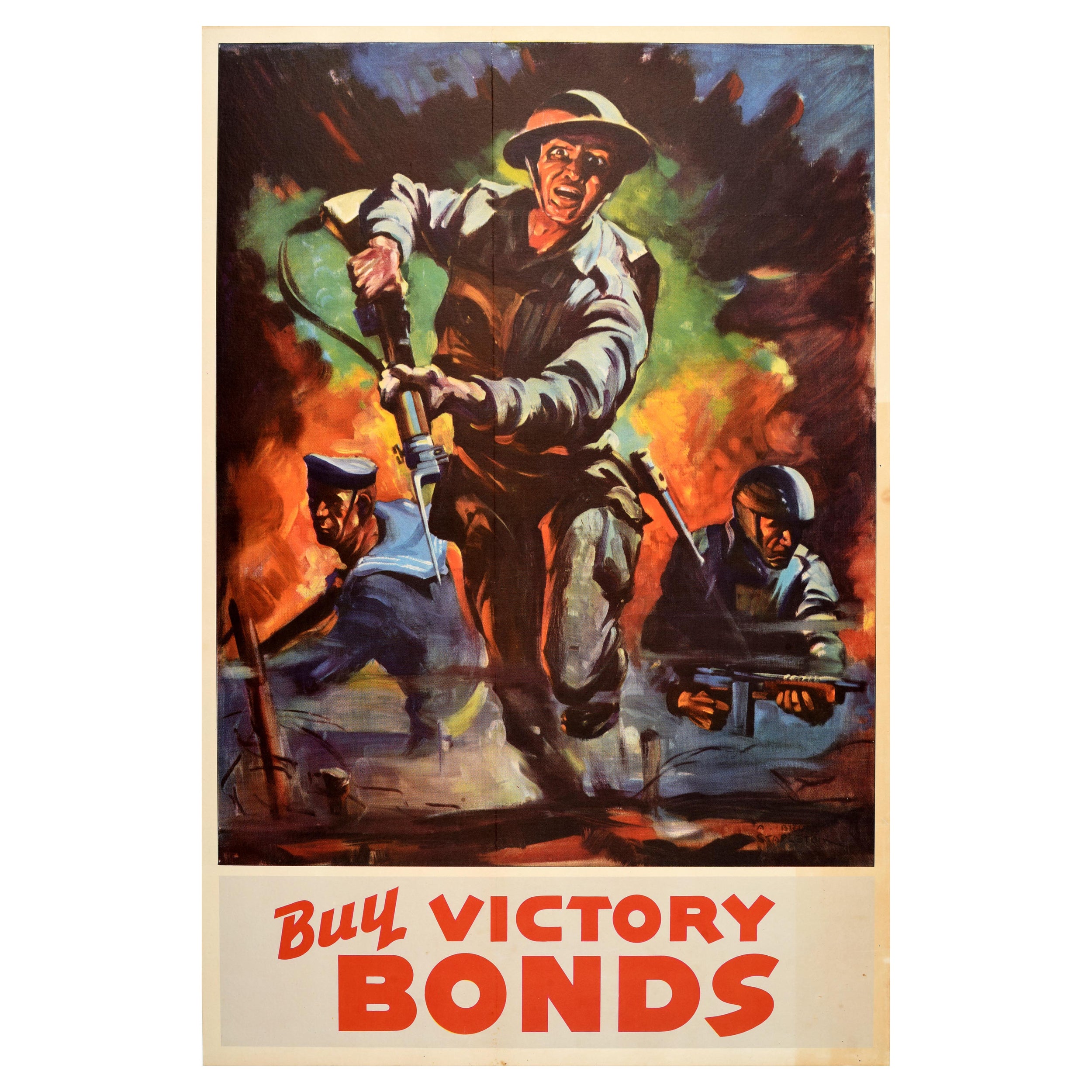 Original Vintage World War Two Poster Buy Victory Bonds WWII Soldier Sailor Navy