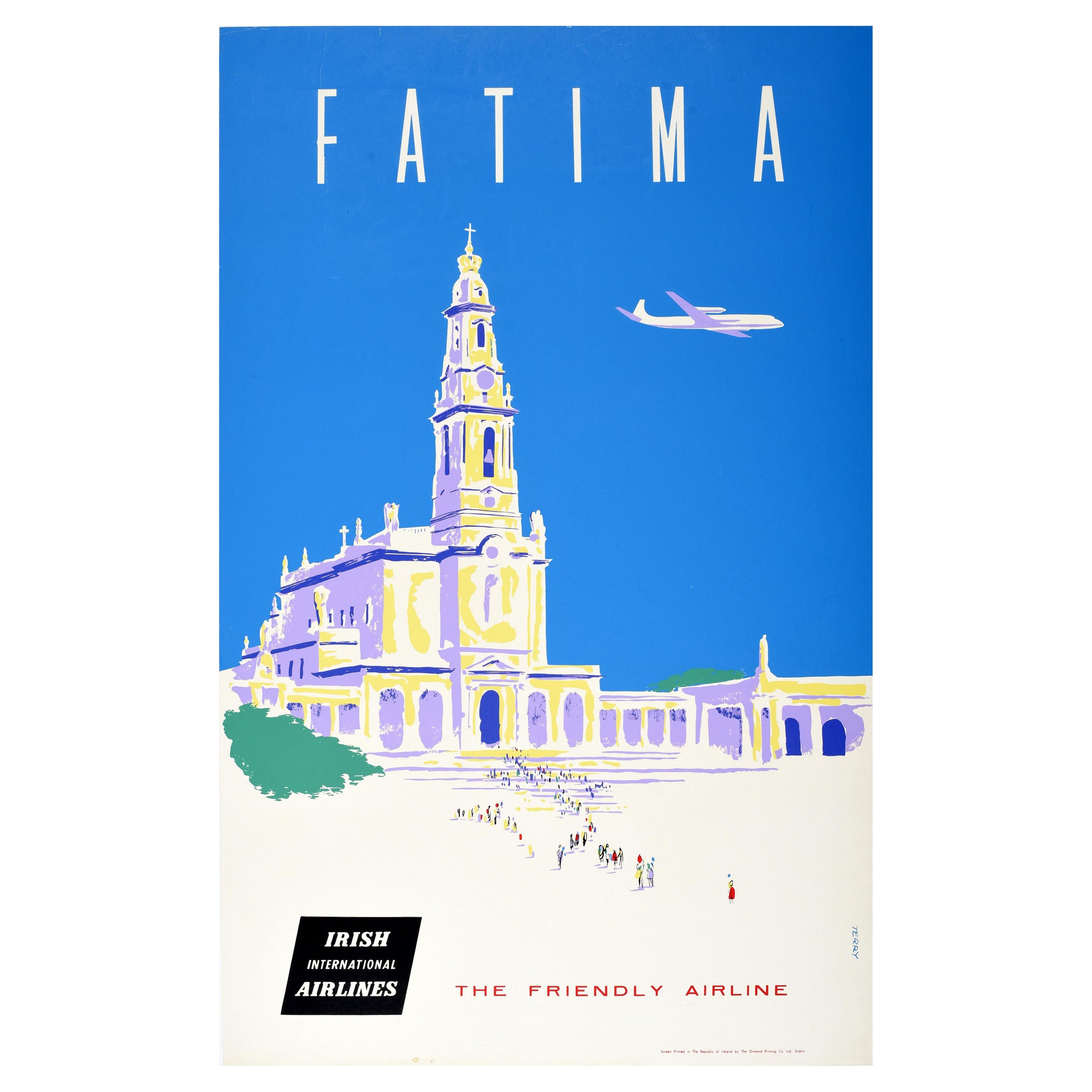 Affiche vintage originale de voyage Fatima, Portugal, Compagnie internationale irlandaise d'aviation en vente