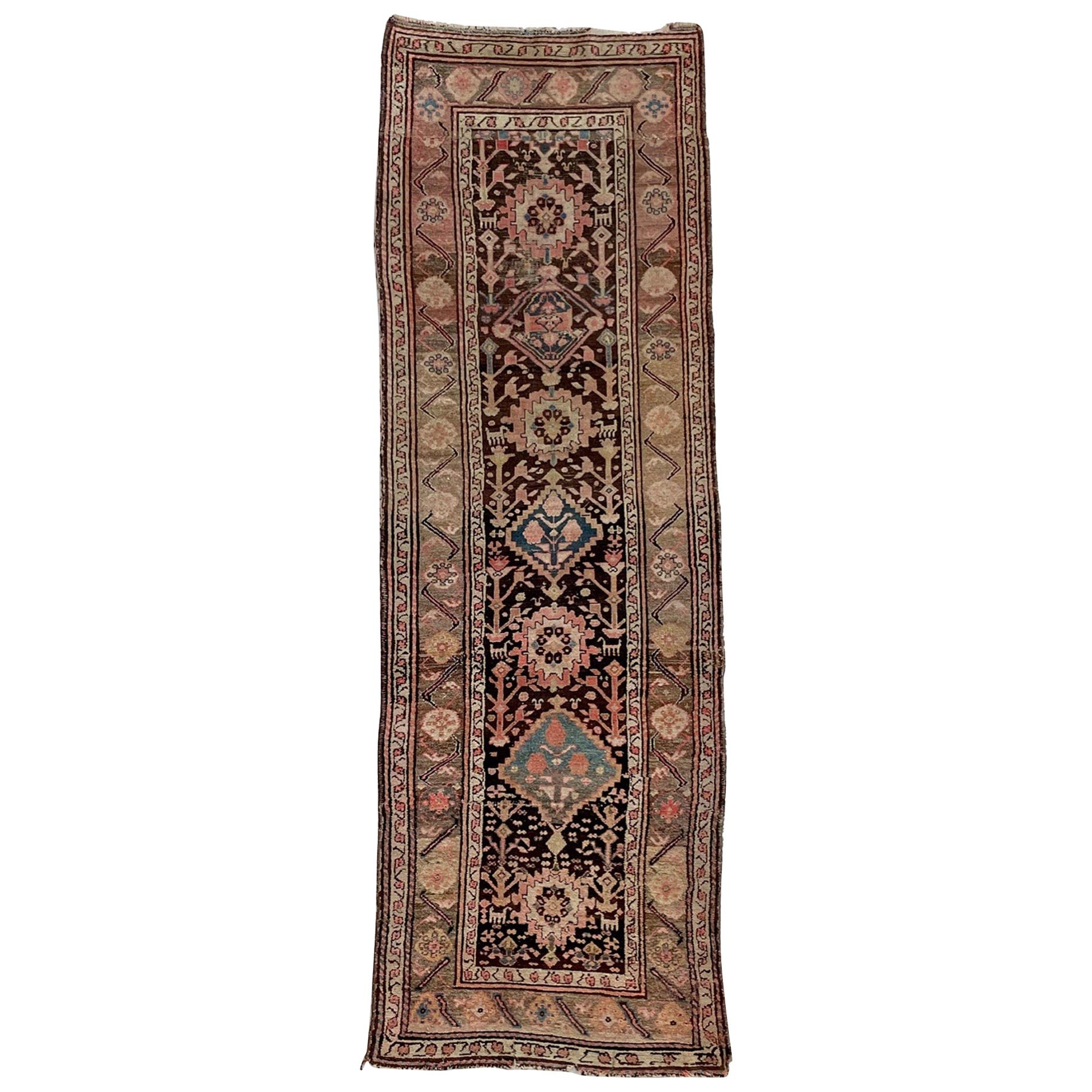 Antique Persian Tribal Runner in Charcoal Black, Taupe, Pink, & Blue Colors For Sale