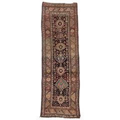 Antique Persian Tribal Runner in Charcoal Black, Taupe, Pink, & Blue Colors
