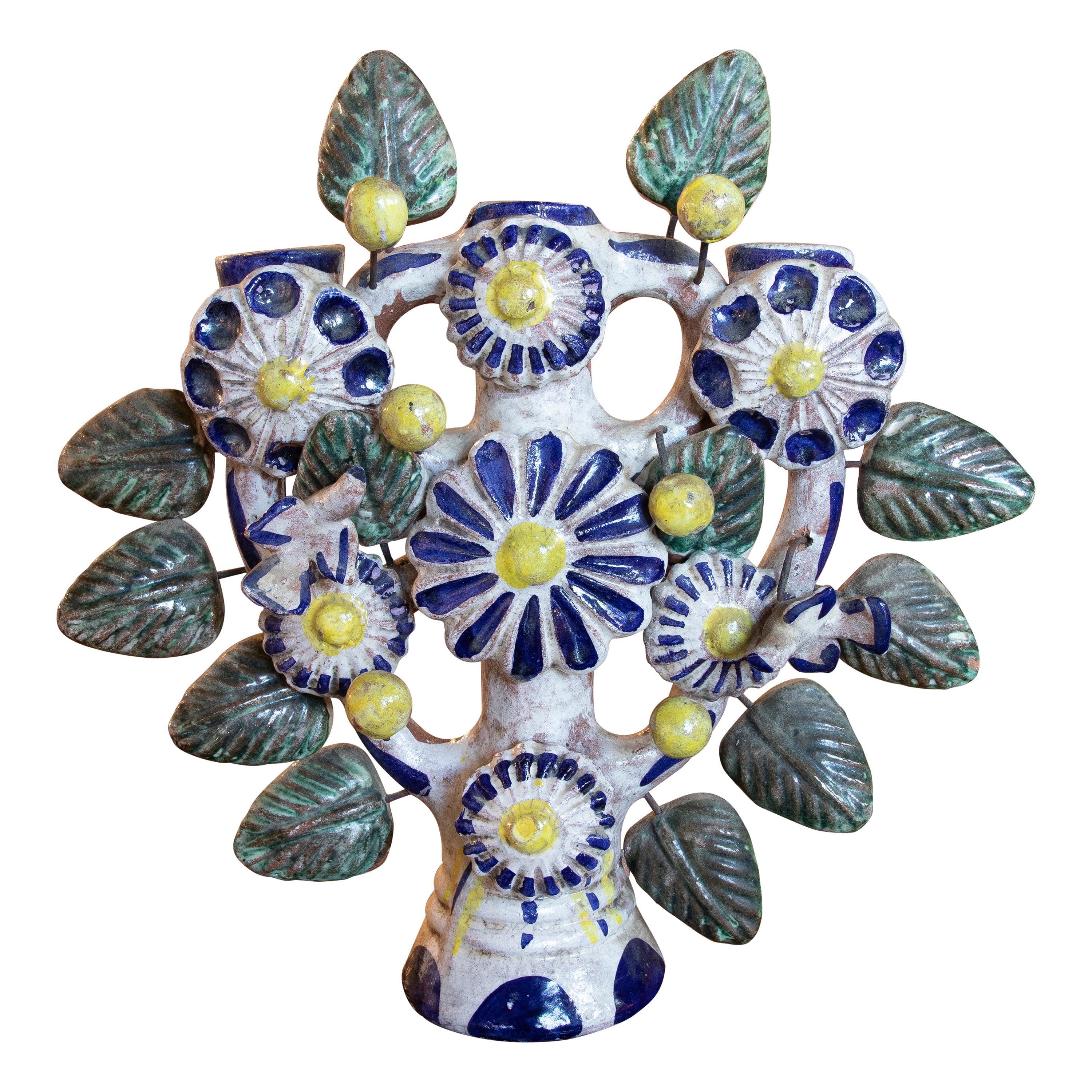 Mexican Hand-Painted  Glazed Ceramic Candlestick with Flower Decoration  For Sale