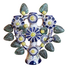 Mexican Hand-Painted  Glazed Ceramic Candlestick with Flower Decoration 