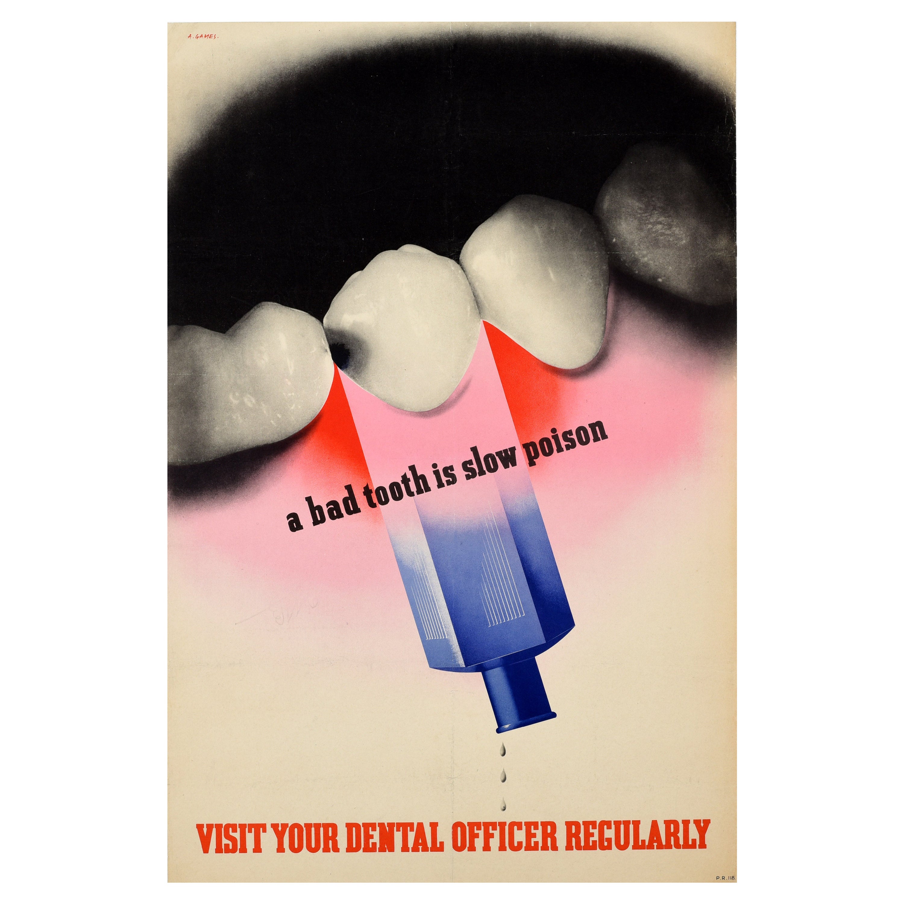 Affiche rétro originale de santé militaire de la Seconde Guerre mondiale, Bad Tooth, Slow Poison, Abram Games