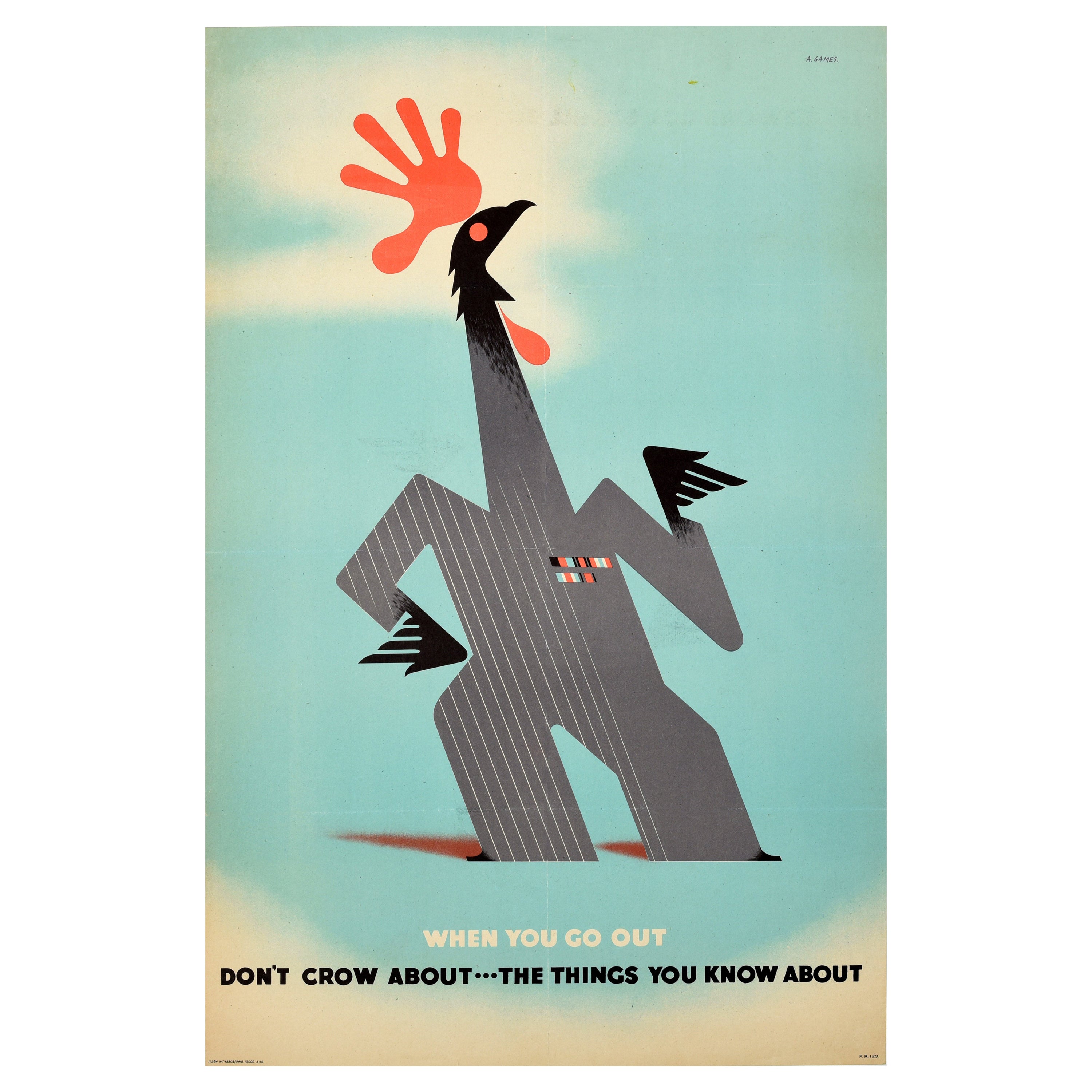 Original Vintage WWII Poster When You Go Out Don't Crow Cockerel Abram Games Art For Sale