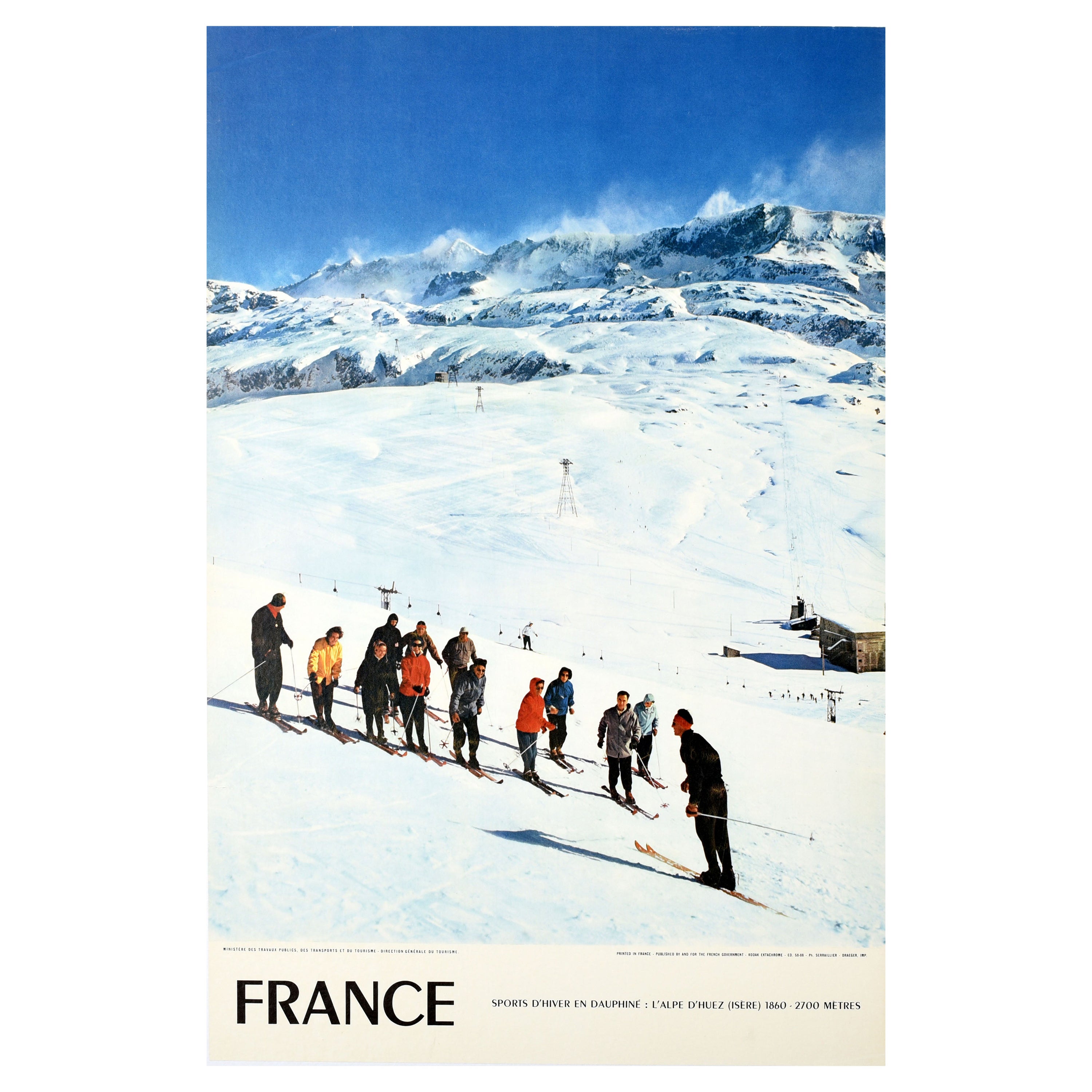 Original Vintage Ski Travel Poster France Winter Sports Alps Alpe d'Huez Isere For Sale