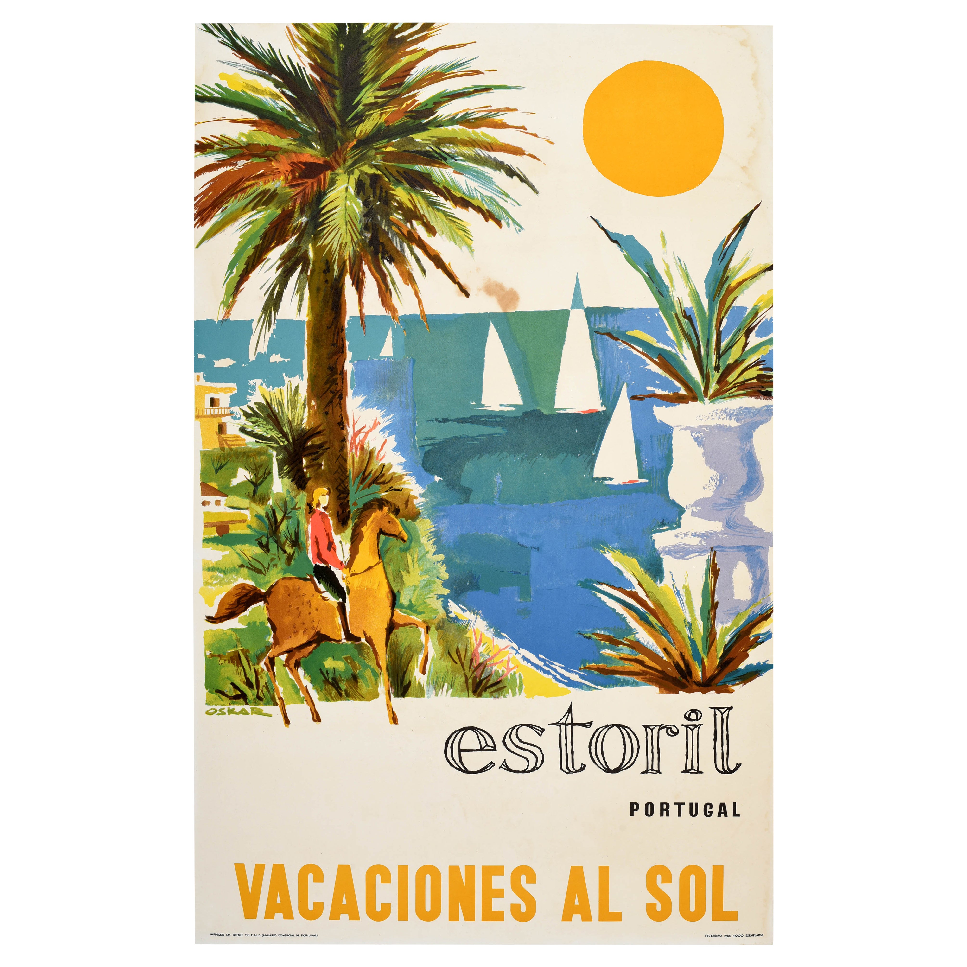 Affiche de voyage vintage d'origine Estoril Portugal, vacances au bord de la plage en vente